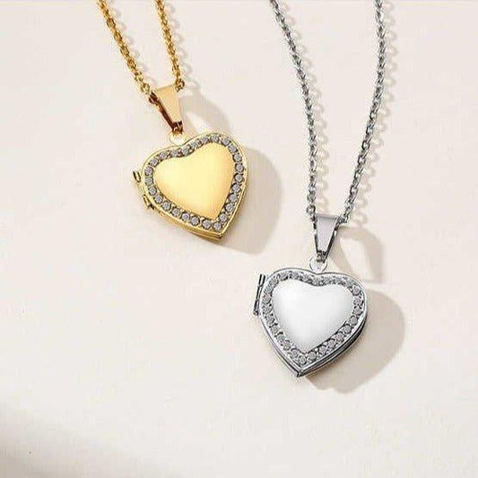 Collier pendentif porte photo coeur plaqué or / argent avec strass