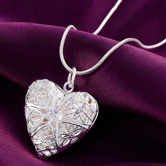 Collier pendentif porte photo coeur sculpté en argent 925