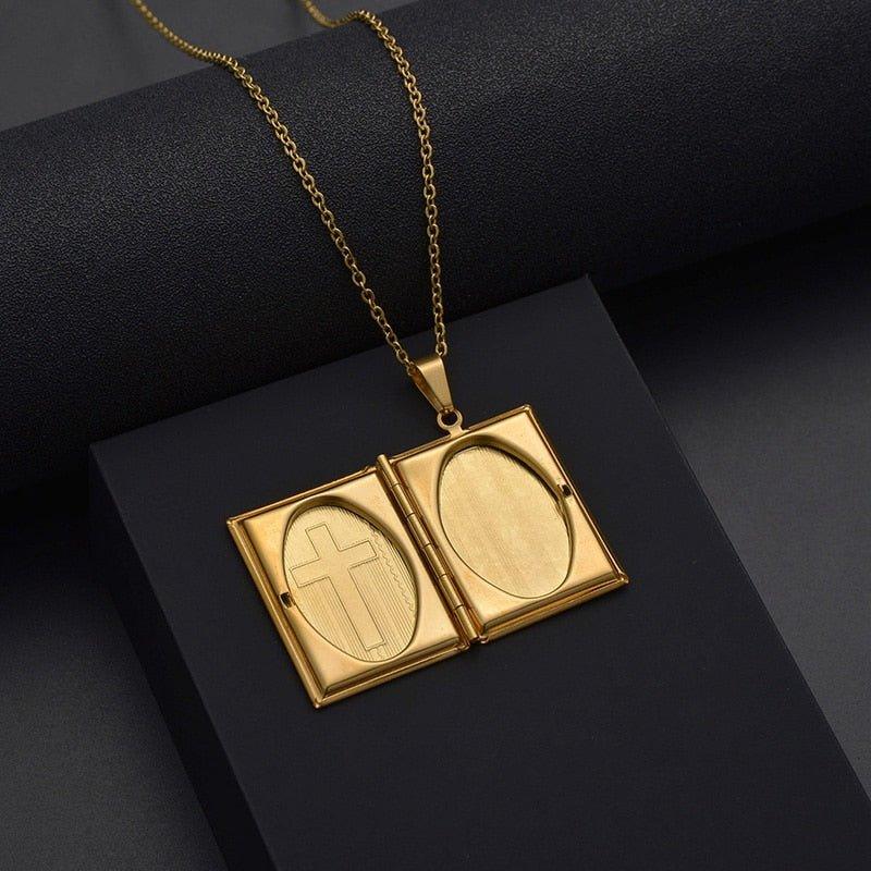 Collier pendentif porte photo croix bible plaqué or