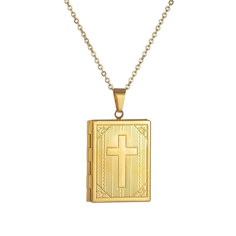 Collier pendentif porte photo croix bible plaqué or