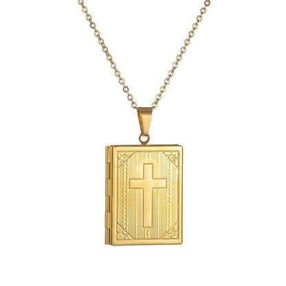 Collier pendentif porte photo croix bible plaqué or