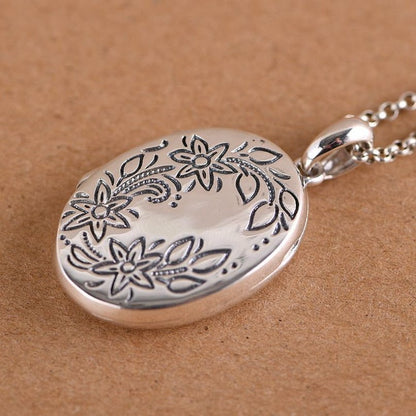 Collier pendentif porte photo ovale fleurs en argent 925 - MonPendentif