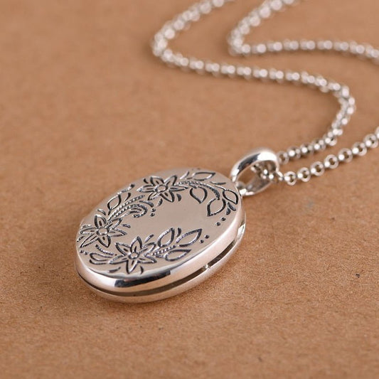 Collier pendentif porte photo ovale fleurs en argent 925