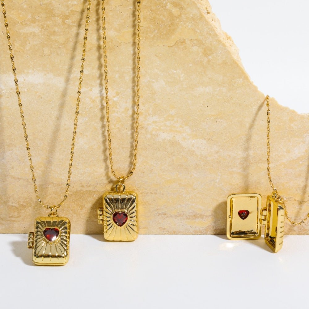 Collier pendentif porte photo rectangle cœur rouge or