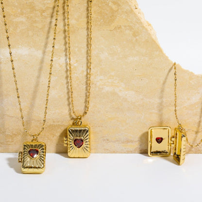 Collier pendentif porte photo rectangle cœur rouge or