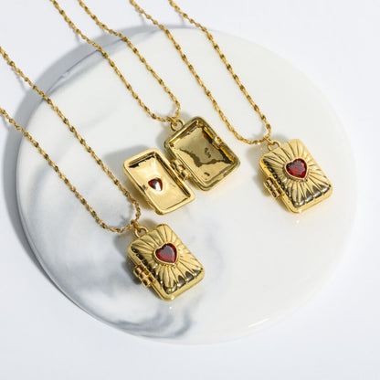 Collier pendentif porte photo rectangle cœur rouge or