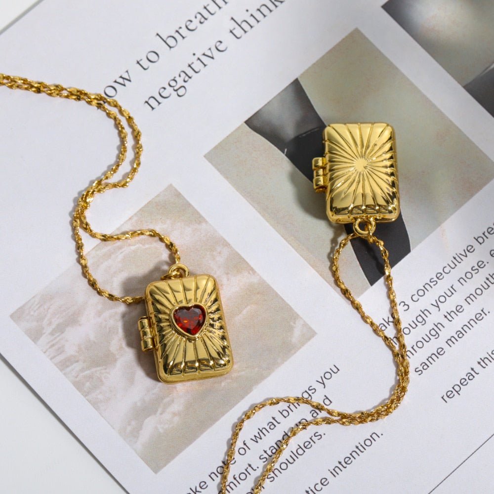 Collier pendentif porte photo rectangle cœur rouge or