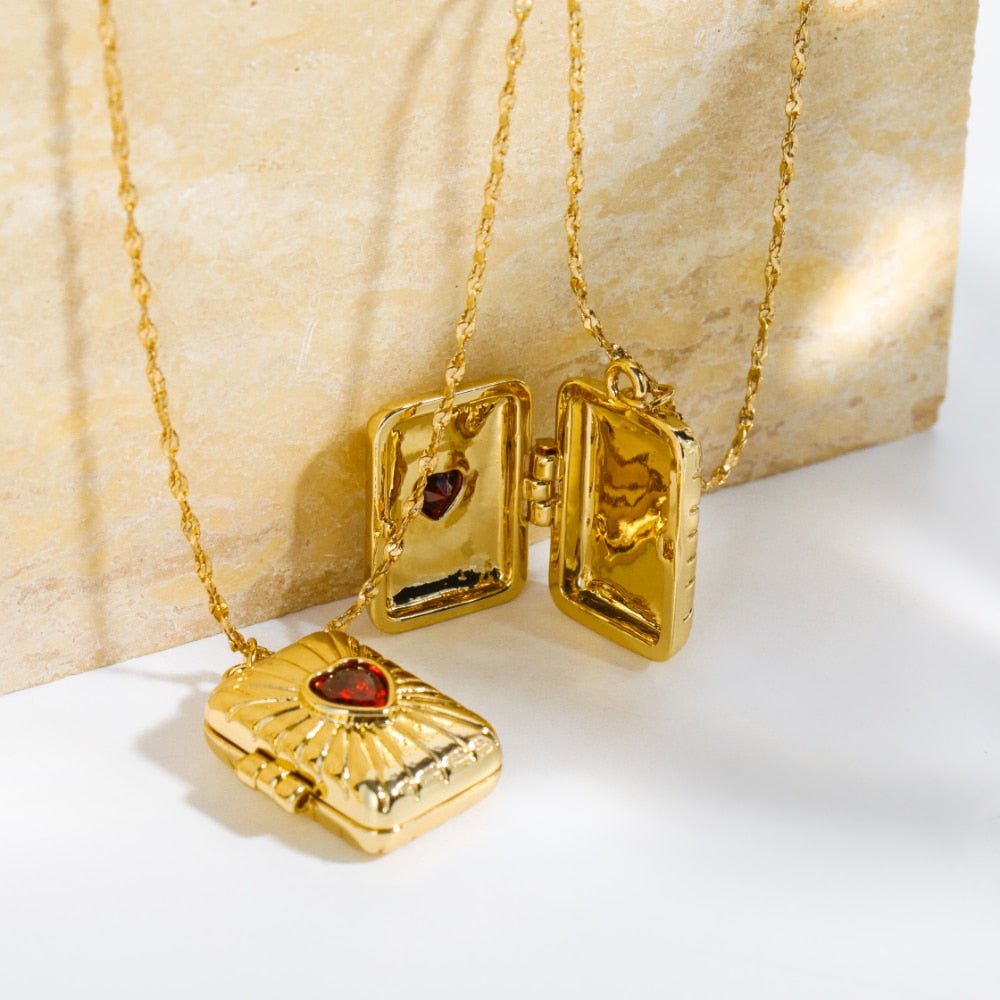 Collier pendentif porte photo rectangle cœur rouge or