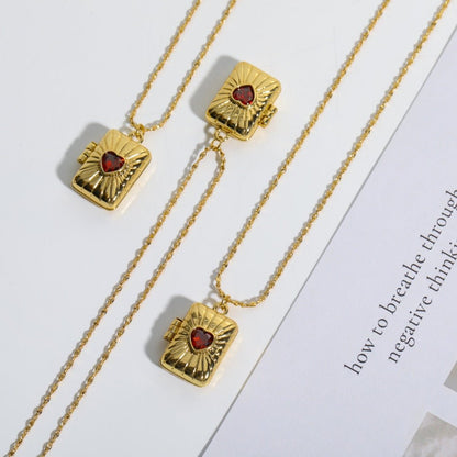Collier pendentif porte photo rectangle cœur rouge or