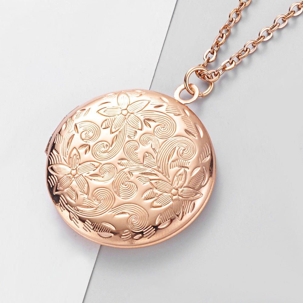 Collier pendentif porte photo rond fleurs plaqué argent / or / or rose - MonPendentif