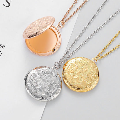 Collier pendentif porte photo rond fleurs plaqué argent / or / or rose