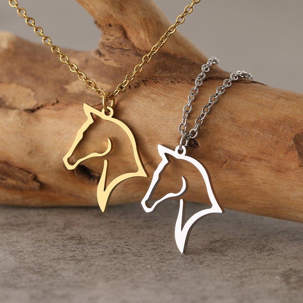 Collier pendentif portrait cheval plaqué or / argent