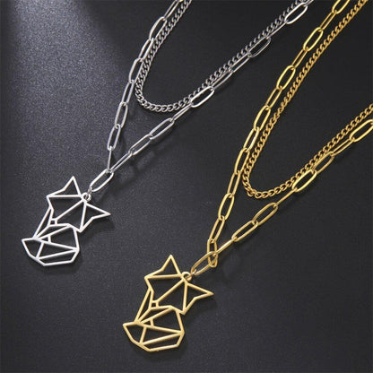 Collier pendentif renard forme géométrique plaqué argent / or