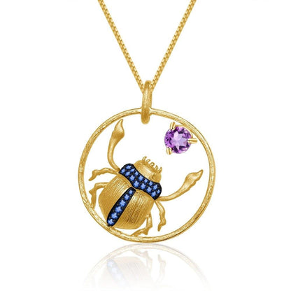 Collier pendentif scarabée en améthyste dans un anneau en argent sterling 925 plaqué or 18K - MonPendentif