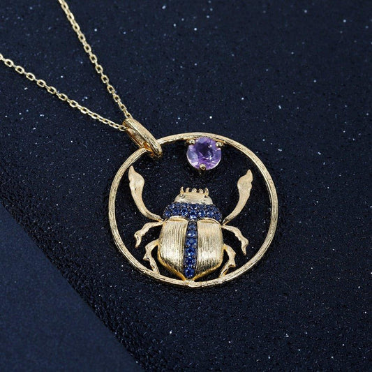 Collier pendentif scarabée en améthyste dans un anneau en argent sterling 925 plaqué or 18K