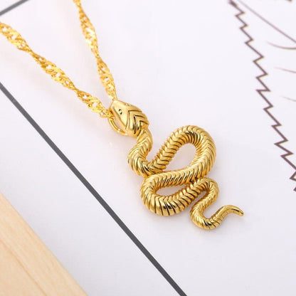 Collier pendentif serpent relief gravé plaqué or / argent