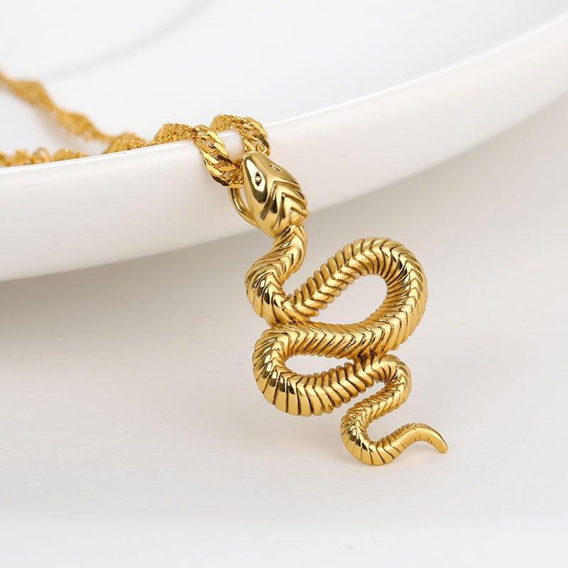 Collier pendentif serpent relief gravé plaqué or / argent