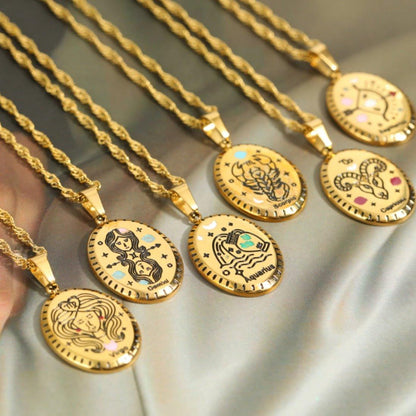Collier pendentif signe astrologique médaille ovale plaqué or
