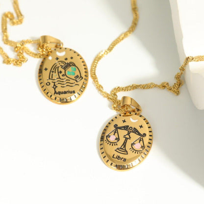Collier pendentif signe astrologique médaille ovale plaqué or
