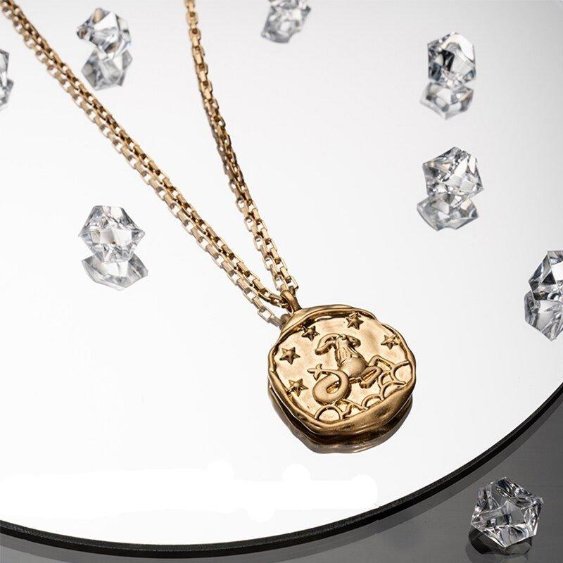 Collier pendentif signe astrologique médaille ronde irrégulière plaqué or - MonPendentif