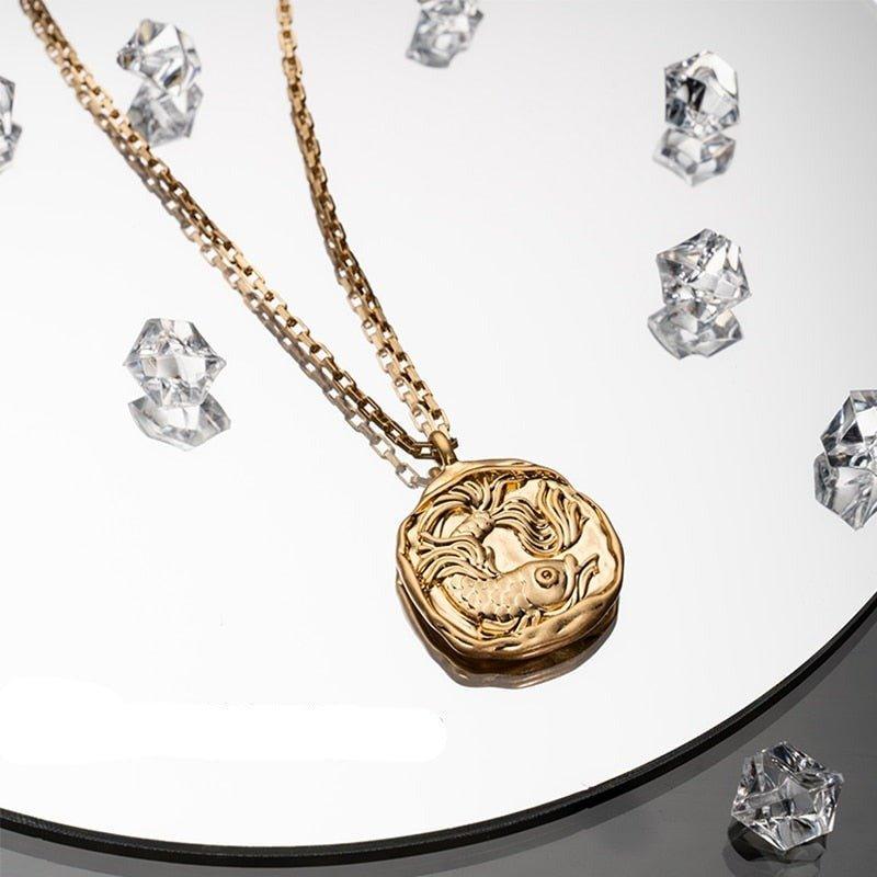 Collier pendentif signe astrologique médaille ronde irrégulière plaqué or - MonPendentif