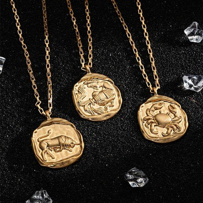 Collier pendentif signe astrologique médaille ronde irrégulière plaqué or