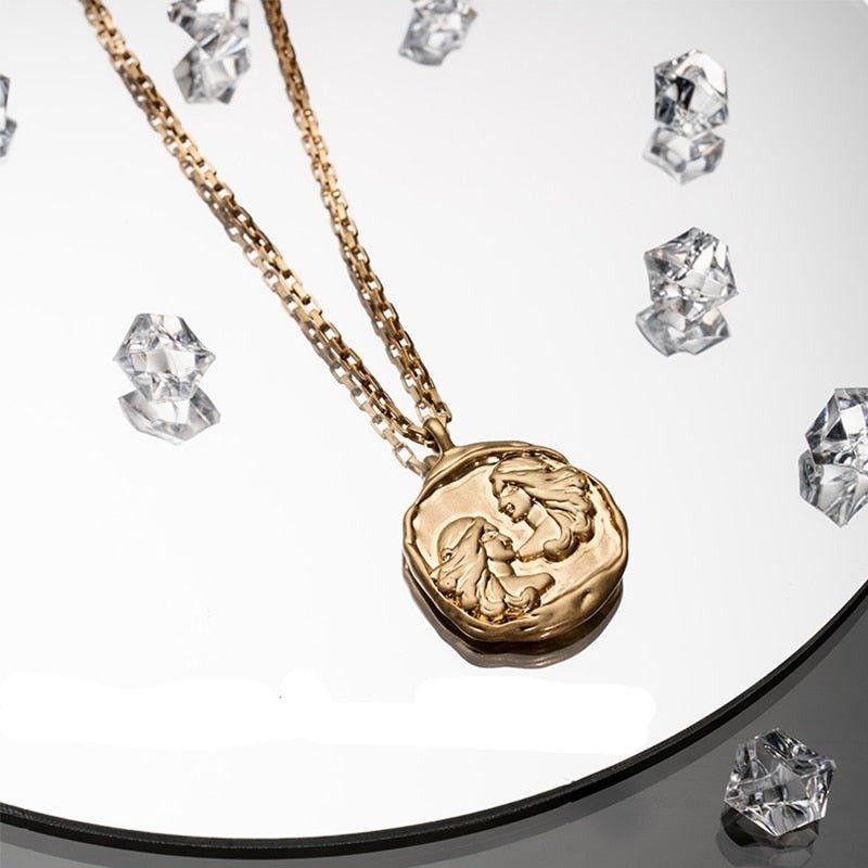 Collier pendentif signe astrologique médaille ronde irrégulière plaqué or - MonPendentif