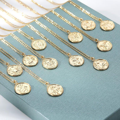 Collier pendentif signe astrologique médaille ronde vintage plaqué or