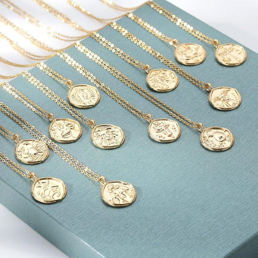 Collier pendentif signe astrologique médaille ronde vintage plaqué or