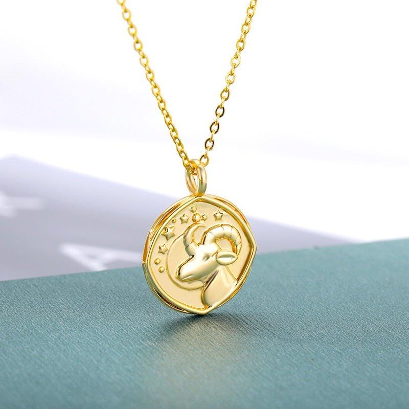 Collier pendentif signe astrologique médaille ronde vintage plaqué or - MonPendentif