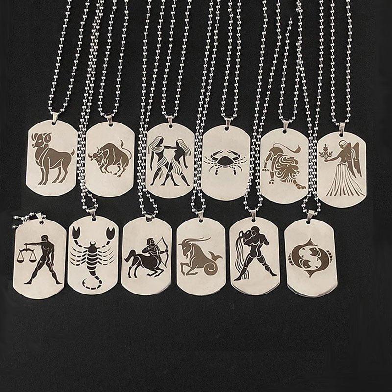 Collier pendentif signe astrologique militaire plat gravé métal