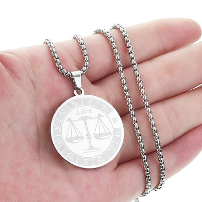 Collier pendentif signe astrologique rond plat avec chaîne épaisse