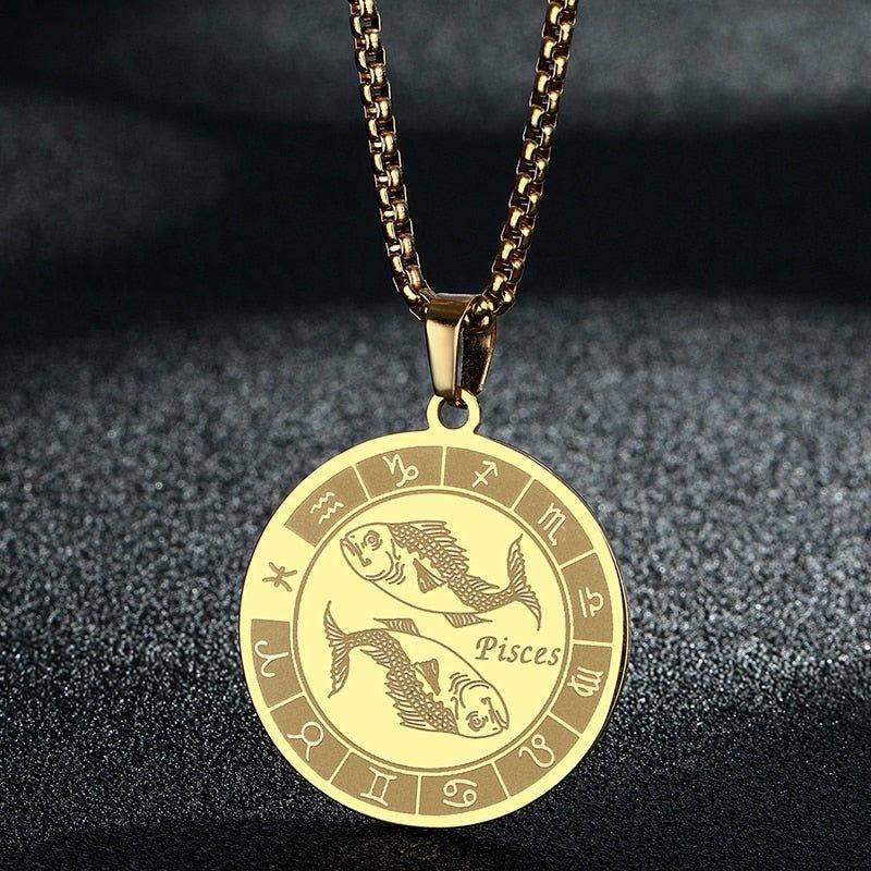 Collier pendentif signe astrologique rond plat avec chaîne épaisse - MonPendentif