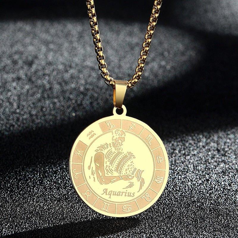 Collier pendentif signe astrologique rond plat avec chaîne épaisse - MonPendentif