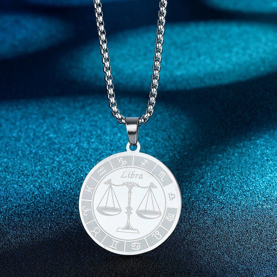 Collier pendentif signe astrologique rond plat avec chaîne épaisse