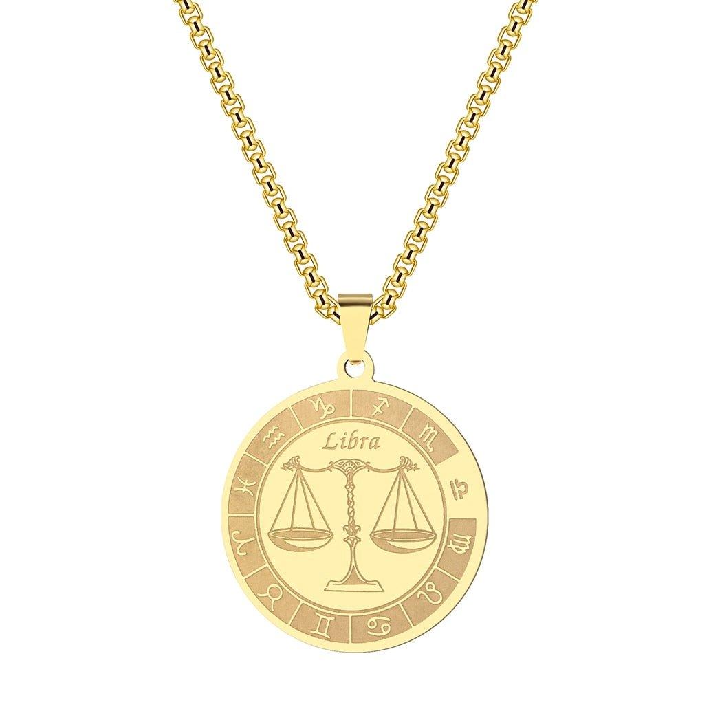 Collier pendentif signe astrologique rond plat avec chaîne épaisse