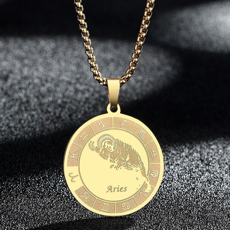 Collier pendentif signe astrologique rond plat avec chaîne épaisse - MonPendentif