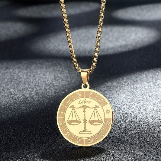 Collier pendentif signe astrologique rond plat avec chaîne épaisse