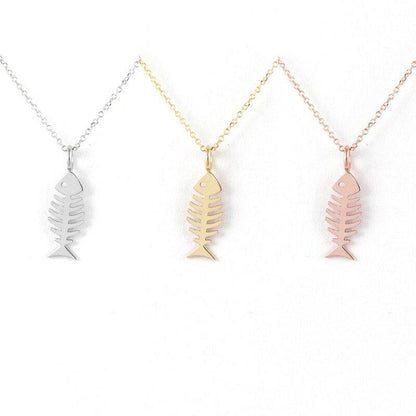 Collier pendentif squelette de poisson en plaqué or / argent / or rose