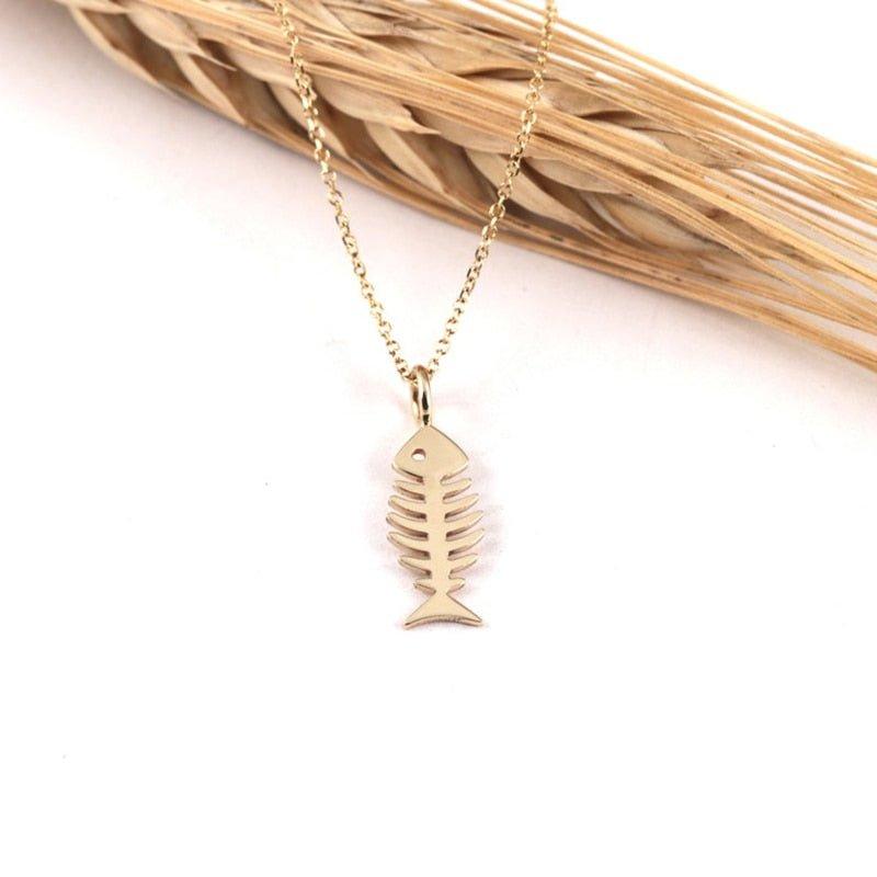 Collier pendentif squelette de poisson en plaqué or / argent / or rose