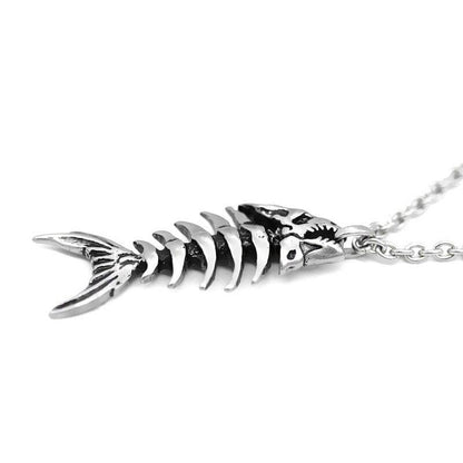 Collier pendentif squelette de poisson rétro plaqué argent