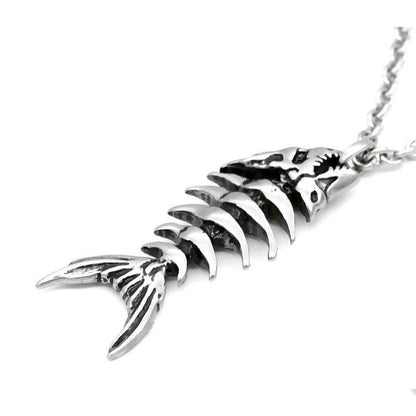 Collier pendentif squelette de poisson rétro plaqué argent
