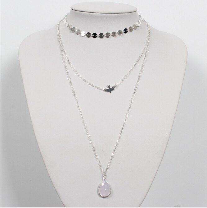 Collier pendentif triple colombe goutte d'eau plaqué or / argent