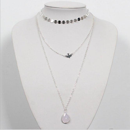 Collier pendentif triple colombe goutte d'eau plaqué or / argent
