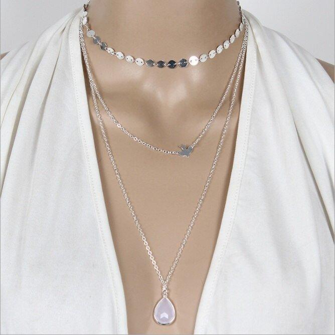 Collier pendentif triple colombe goutte d'eau plaqué or / argent