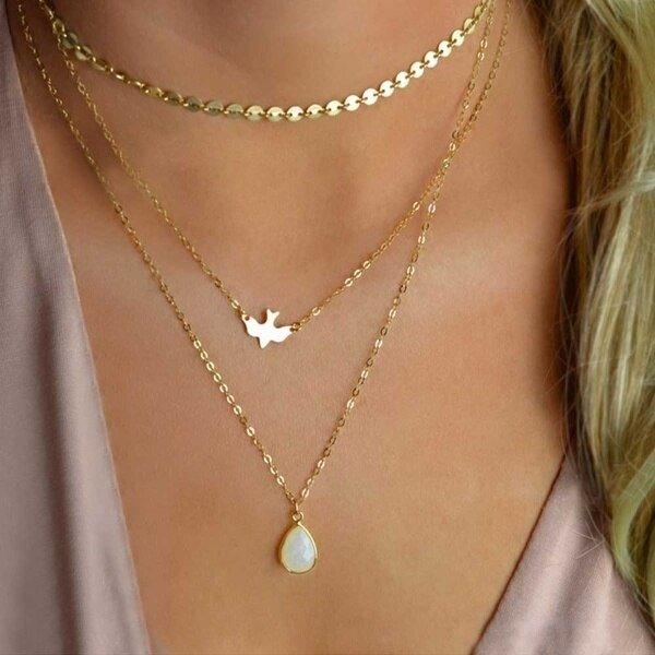 Collier pendentif triple colombe goutte d'eau plaqué or / argent - MonPendentif
