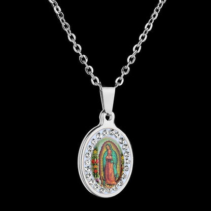 Collier pendentif vierge Marie coloré orné de strass - MonPendentif