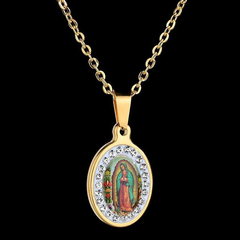 Collier pendentif vierge Marie coloré orné de strass - MonPendentif