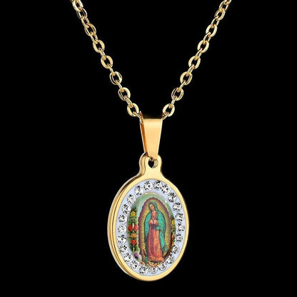 Collier pendentif vierge Marie coloré orné de strass - MonPendentif