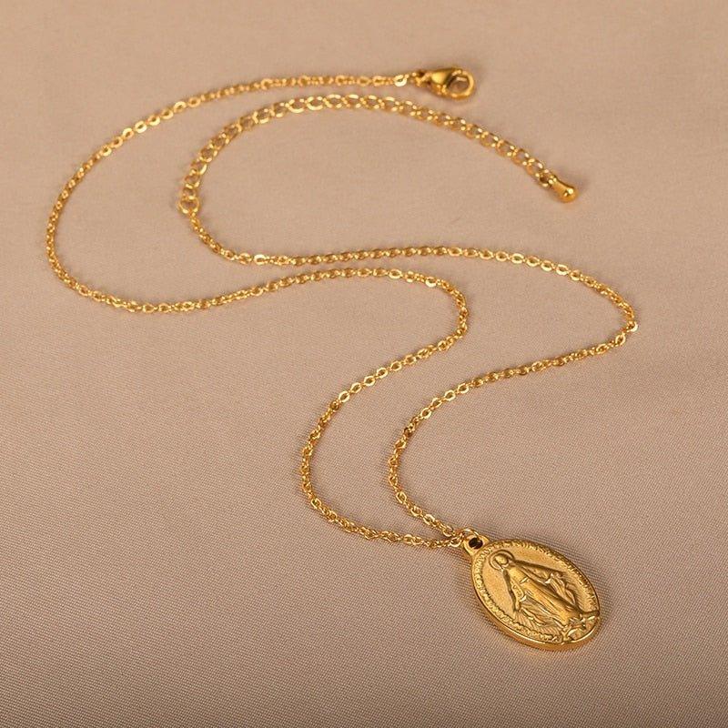 Collier pendentif Vierge Marie plat plaqué or / argent